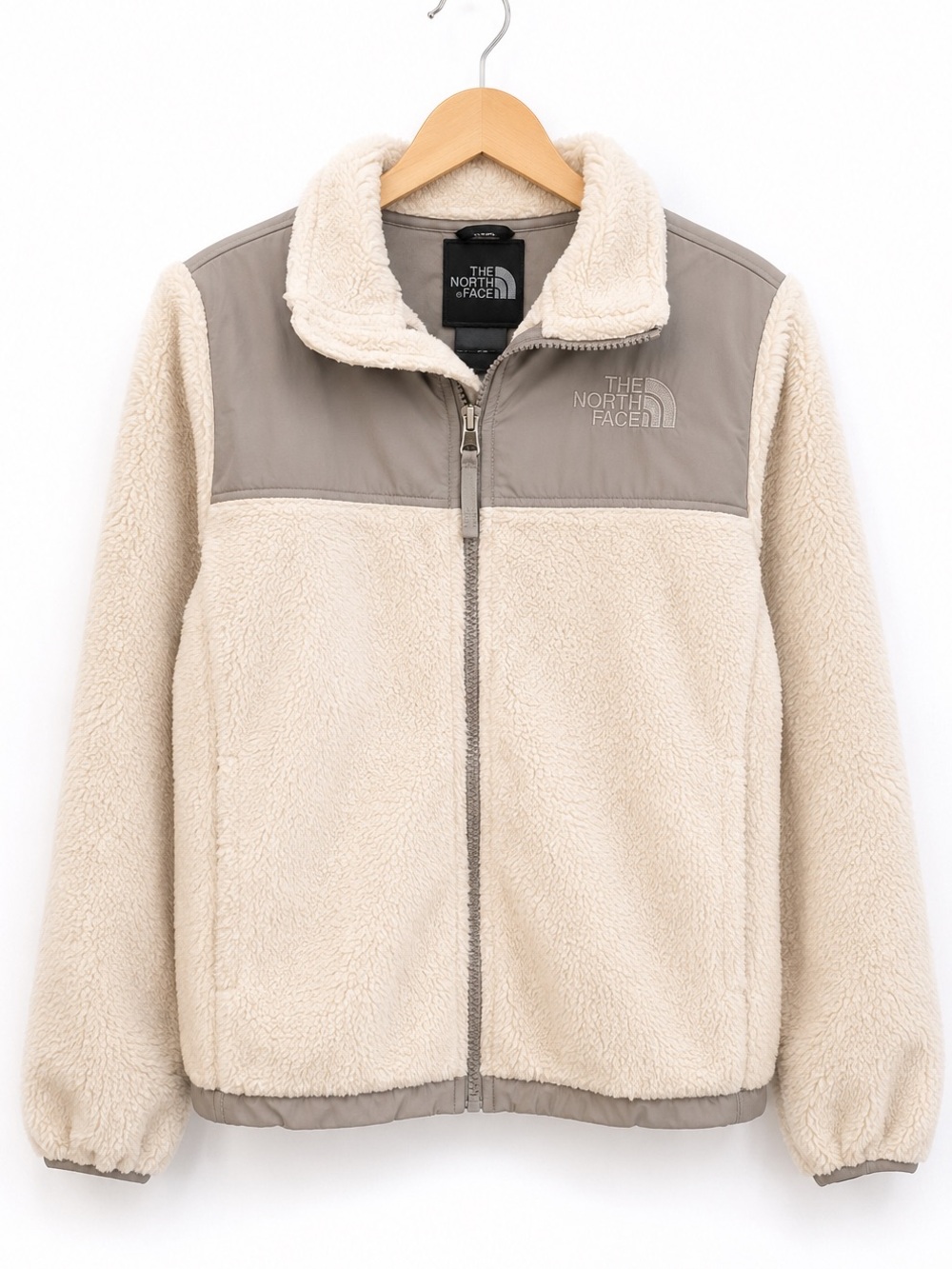 The North Face Girls Large 14/16 Cream Sherpa Fleece Jacket Gray Trim